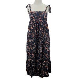 Old Navy Size XS Cottagecore Midi Dress Black Pink Floral Shoulder Ties Spring
